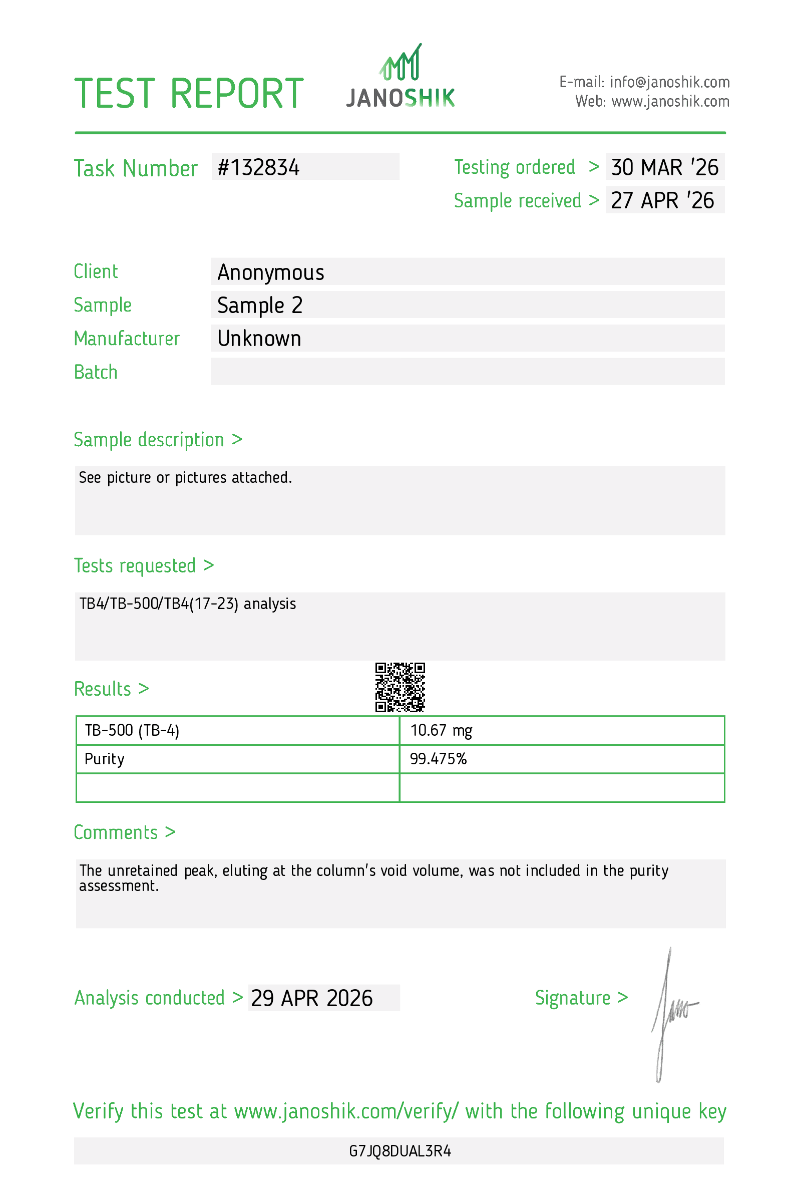 Glow Peptides TB-500 Janoshik lab test report for research peptide purity verification