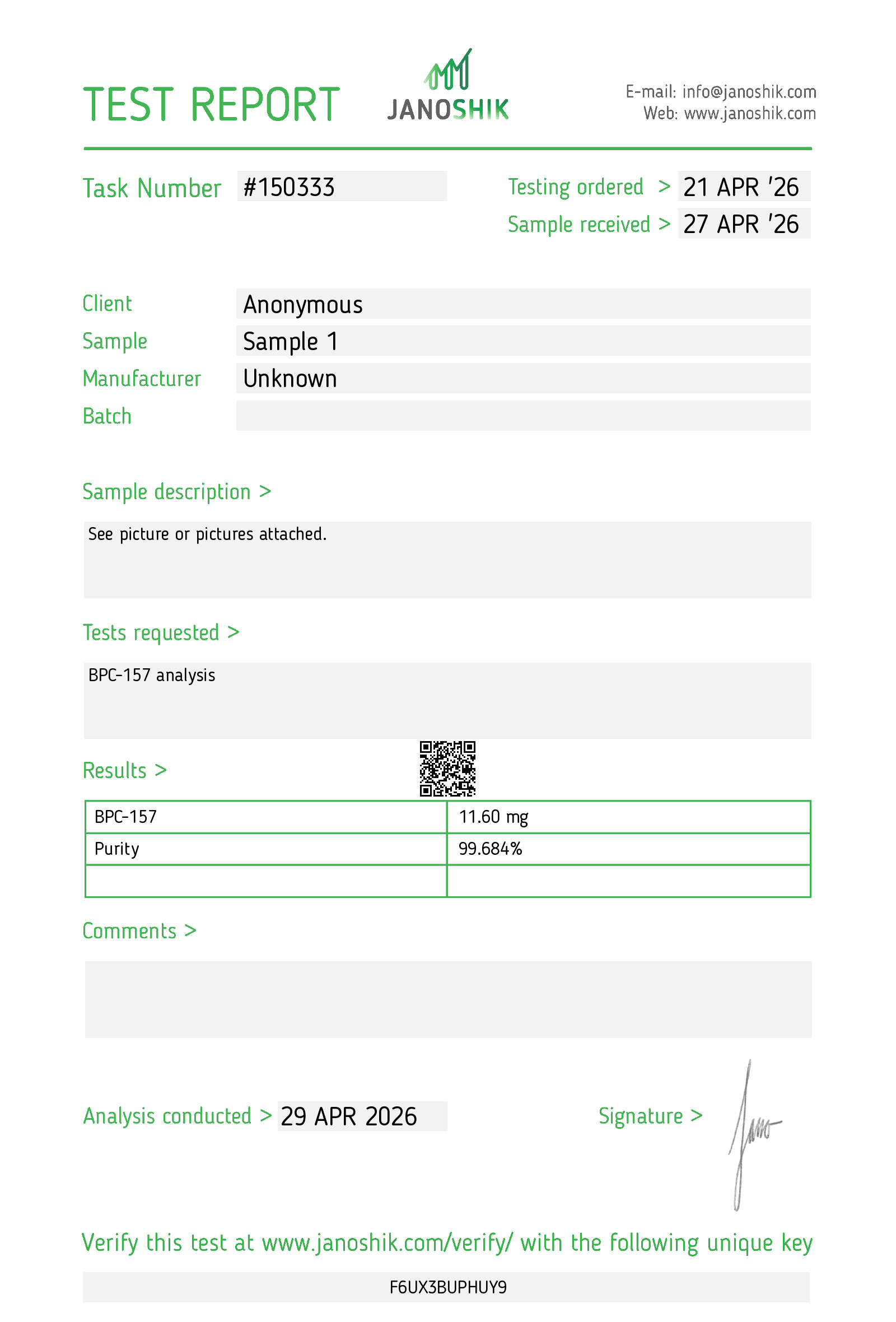 BPC-157 Janoshik test report for Glow Peptides research peptide